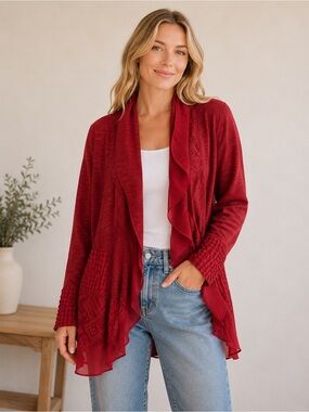 Meadow Rue Anthropologie Red Boho Open Front Cardigan, Size Large